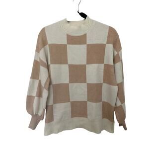 Womens Cream Beige Checkerboard Cozy Oversized Puff Sleeve Pullover Sweater | S